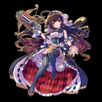 1girl black_background blue_eyes blue_thighhighs blush bow_(weapon) breasts brown_shoes collared_dress crossbow crossbow_bolt dress flats flower full_body hair_between_eyes hair_flower hair_ornament hairband head_tilt heterochromia highres holding holding_crossbow holding_weapon large_breasts long_hair merc_storia merc_storia_art_team official_art open_hand open_mouth red_eyes repeating_crossbow roulevette_(merc_storia) shoes sidelocks simple_background sleeveless sleeveless_dress smile solo spread_fingers striped_clothes striped_thighhighs tachi-e thighhighs thighs underbust very_long_hair weapon white_flower white_hairband