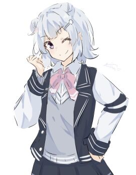 1girl black_jacket black_skirt blazer bow bowtie collared_shirt double_bun flower grey_hair grey_sweater hair_bun hair_ornament hairclip hand_on_own_hip hand_up highres jacket koharu_rikka looking_at_viewer one_eye_closed pink_bow pink_bowtie pleated_skirt purple_eyes school_uniform shirt short_hair signature simple_background sketch skirt smile solo sweater synthesizer_v upper_body white_background white_shirt yoriha_yashiro