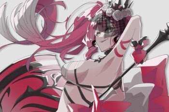 Rule 34 | 1133031126, 1girl, absurdres, asymmetrical sidelocks, baobhan sith (fate), baobhan sith (swimsuit pretender) (third ascension) (fate), bare shoulders, bikini, breasts, bridal gauntlets, capelet, commentary request, detached collar, fate/grand order, fate (series), flower, grey capelet, grey eyes, hair flower, hair ornament, highres, large breasts, long hair, looking at viewer, open mouth, petals, pink hair, pointy ears, see-through clothes, see-through veil, side ponytail, sideboob, sidelocks, smile, solo, swimsuit, tiara, untied bikini top, veil, white bikini, white petals