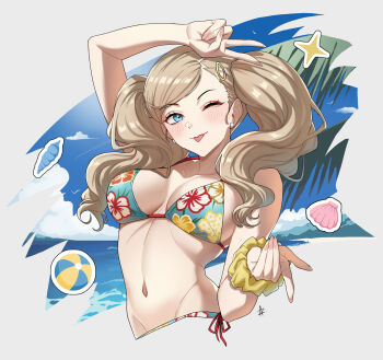 1girl ;p arm_up ball beach beachball bikini breasts commentary commission cropped_torso earrings english_commentary floral_print floral_print_bikini hair_ornament hairclip highres jewelry large_breasts navel ocean one_eye_closed persona persona_5 print_bikini scrunchie shell solo stomach swimsuit takamaki_anne tongue tongue_out tree twintails upper_body v vgen_commission water wrist_scrunchie zedoraart
