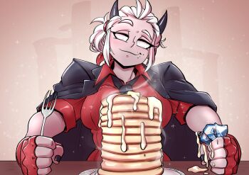 black_nails black_necktie byhandsofthedragon condensed_milk demon demon_girl demon_horns food food_on_head fork gloves helltaker highres holding holding_fork horns jacket jacket_on_shoulders justice_(helltaker) necktie object_on_head pancake pancake_stack red_gloves red_shirt shirt smug table white_eyes