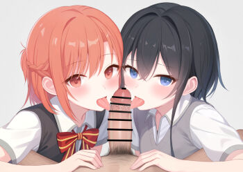 1boy 2girls asanagi_yori black_hair black_sweater_vest blue_eyes blush bow braid cooperative_fellatio fellatio grey_sweater_vest hair_between_eyes half_up_braid hetero kino_himari looking_at_viewer mizuno-go multiple_girls open_mouth oral orange_eyes orange_hair sasayaku_you_ni_koi_wo_utau school_uniform shirt short_hair simple_background smegma smile sweater_vest teamwork_(sexual) upper_body white_background white_shirt