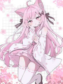 1girl animal_ears black_bow black_bowtie blush bow bowtie cherry_blossoms commentary_request commission detached_sleeves floral_background floral_print frilled_skirt frilled_sleeves frills hair_ornament hand_on_own_cheek hand_on_own_face hime_cut iro_iro_iroo japanese_clothes lolita_fashion looking_at_viewer nontraditional_miko open_mouth original pink_eyes pink_hair ribbon-trimmed_sleeves ribbon-trimmed_thighhighs ribbon_trim skeb_commission skirt thighhighs wa_lolita white_thighhighs