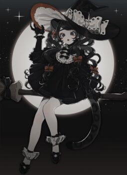 1girl animal_ears black_bow black_dress black_eyes black_gloves black_hair black_hat black_shoes bow broom broom_riding collared_dress commentary dress full_body gloves hand_on_headwear hand_up hat leopard_ears leopard_girl leopard_tail long_hair long_sleeves looking_at_viewer moon night okayugohaaaaaan original shoes sitting socks solo tail untranslatable_commentary wavy_hair white_socks witch witch_hat