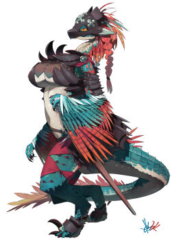 1girl absurdres braid breasts colored_sclera digitigrade fangs furry furry_female green_scales helmet highres kometsubu large_breasts long_hair multicolored_feathers original pathfinder red_hair reptile_girl sheath sheathed signature simple_background snout solo sword talons twin_braids twintails weapon white_background yellow_sclera