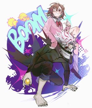 1boy 1girl arm_support ayase_momo ball barefoot black_choker black_jacket black_nails black_pants blush bow bowtie brown_eyes brown_hair brown_shoes chibi chibi_inset choker collared_shirt comimingming crossed_bangs dandadan earrings facial_mark full_body gakuran glasses grin gyaru hair_between_eyes hand_on_ground highres holding holding_ball jacket jewelry kami_high_school_uniform knee_up long_sleeves looking_at_viewer loose_socks mask mouth_mask multicolored_hair on_one_knee one_eye_closed pants pants_rolled_up pink_sweater pointing pointing_at_viewer red_bow red_bowtie red_hair round_eyewear school_uniform shirt shirt_under_sweater shoes short_hair sitting_on_shoulder sleeves_past_wrists smile socks sparkle sweater takakura_ken_(dandadan) takakura_ken_(transformed)_(dandadan) transformation two-tone_hair v-shaped_eyebrows white_hair white_shirt white_socks