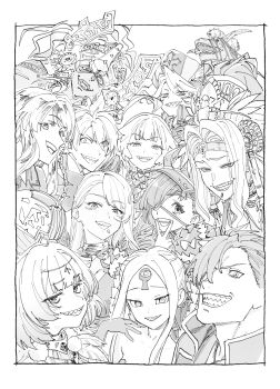 4boys 6+girls abigail_williams_(fate) abigail_williams_(swimsuit_foreigner)_(fate) ahoge braid camazotz_(fate) chin_piercing christopher-kun_(fate) christopher_columbus_(fate) dinosaur double_bun eyepatch face_piercing fate/grand_order fate_(series) feather_trim grin hair_bun hair_over_one_eye hat headdress highres horns hyde_(fate) ikezawa_shin jekyll_and_hyde_(fate) keyhole kijo_kouyou_(fate) kukulkan_(fate) lobo_(fate) locusta_(fate) long_hair louhi_(fate) monochrome mori_nagayoshi_(fate) mori_nagayoshi_(second_ascension)_(fate) multiple_boys multiple_girls mysterious_ranmaru_x_(fate) piercing quetzalcoatl_(fate) sharp_teeth smile teeth trait_connection v v_over_mouth vritra_(fate) vritra_(second_ascension)_(fate) wolf