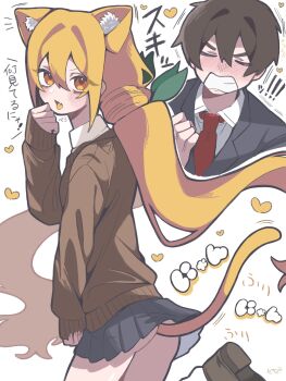 ! !! 1boy 1girl aijou_rentarou animal_ear_fluff animal_ears ass berryice_1515 black_hair black_jacket black_skirt blush brown_eyes cat_ears cat_girl cat_tail clenched_hand clenched_teeth commentary double-parted_bangs extra_ears hair_between_eyes heart highres inda_karane jacket kemonomimi_mode kimi_no_koto_ga_dai_dai_dai_dai_daisuki_na_100-nin_no_kanojo long_hair low_twintails miniskirt necktie nose_blush ohananomitsu_high_school_uniform open_mouth orange_hair pleated_skirt red_necktie school_uniform shirt simple_background skirt sleeves_past_wrists tail teeth tongue tongue_out translated twintails very_long_hair white_background white_shirt