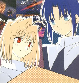 Rule 34 | 2girls, ahoge, angry, arcueid brunestud, blonde hair, blue eyes, blue hair, blush, ciel (tsukihime), curtained hair, hair between eyes, hair intakes, looking at another, melty blood, multiple girls, nun, official art, pout, profile, red eyes, short hair, sidelocks, smile, sweater, takeuchi takashi, third-party source, tsukihime, tunic, turtleneck, turtleneck sweater, white sweater, wing collar