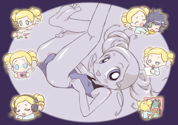 2girls :3 ass barefoot black_hair blonde_hair blue_eyes blue_leotard blue_necktie blue_shirt blue_skirt blush camera cartoon_network closed_eyes controller drill_hair drooling flat_chest goutokuji_miyako green_eyes green_leotard green_shirt grey_background headphones holding holding_camera holding_paper holding_pencil hug joystick k-nattoh legs_up leotard loli long_hair long_sleeves looking_at_viewer lying matsubara_kaoru multiple_girls multiple_views necktie one_eye_closed open_mouth paper pencil playing_games powered_buttercup powerpuff_girls powerpuff_girls_z rolling_bubbles school_uniform shirt short_hair sitting skirt sleeping smile television tissue_box twin_drills watching_television writing yuri