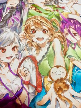 5girls :3 absurdres animal_ears arm_up bear_trap black_gloves black_hair blue_dress brown_hair closed_eyes closed_mouth commentary_request dot_nose double-parted_bangs dress eyes_out_of_frame fang frilled_shirt_collar frills gloves gold_headband gold_trim green_dress green_shirt grey_hair half-closed_eyes hand_on_own_chin head_out_of_frame highres holding horns incoming_gift lanyard light_smile long_hair looking_at_viewer looking_down loose_hair_strand medium_hair mitsugashira_enoko monkey monkey_girl multicolored_dress multiple_girls nippaku_zanmu off-shoulder_shirt off_shoulder open_mouth outstretched_hand parted_lips partially_obscured purple_hair purple_shirt red_eyes shirt short_hair short_sleeves single_horn smile son_biten swept_bangs tassel teeth tenkajin_chiyari touhou wolf_ears wolf_girl yamazaki_tsukune yellow_dress yomotsu_hisami