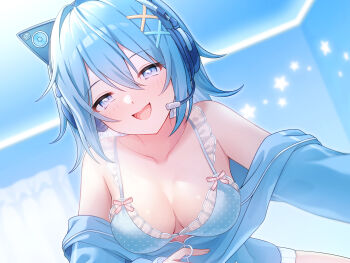 1girl :d animal_ear_headphones animal_ears blue_bra blue_eyes blue_hair blue_jacket blue_theme blush bra breasts ceiling cleavage fake_animal_ears gym_uniform hair_between_eyes hair_ornament headphones highres hio_(hiohio0306) indoors jacket long_hair looking_at_viewer medium_breasts open_clothes open_jacket open_mouth original polka_dot polka_dot_bra sidelocks smile solo underwear undressing x_hair_ornament