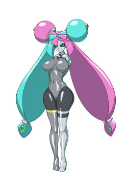1girl absurdres black_sclera breasts colored_sclera full_body green_eyes highres humanoid_robot iono_(pokemon) large_breasts long_hair mechanical_hair mechanization metal_skin multicolored_hair nintendo pink_hair pokemon pokemon_sv robot robot_girl simple_background solo split-color_hair standing twintails two-tone_hair very_long_hair wide_hips zock10daisuki