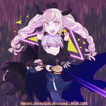 &gt;:) 1boy 1girl :d arms_on_another&#039;s_shoulder bare_shoulders black_dress black_footwear black_nails black_ribbon blue_cape blue_jacket blue_shorts braid bright_pupils cape copyright_name crown demon_horns dress dress_ribbon eyes_visible_through_hair fingerless_gloves floating frilled_dress frills gloves hair_ribbon highres holding holding_key holding_sword holding_weapon horns hug jacket key leg_up looking_at_viewer master_detective_archives:_rain_code mini_crown multicolored_hair nail_polish neon_lights noctishy open_mouth pink_hair purple_background purple_hair rain ribbon serious shinigami_(rain_code) short_hair shorts sidelocks smile sparkle_print star-shaped_pupils star_(symbol) sweatdrop sword symbol-shaped_pupils triangle twin_braids two-tone_hair uneven_eyes v-shaped_eyebrows weapon white_hair white_pupils wide_sleeves yuma_kokohead