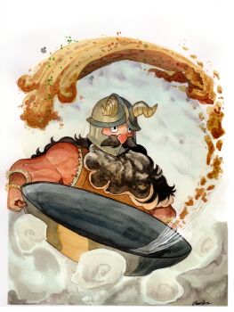 1boy alexis_royce beard beard_over_mouth black_eyes black_hair cooking dungeon_meshi dwarf facial_hair fake_horns food fried_rice helmet horned_helmet horns long_beard male_focus muscular muscular_male mustache senshi_(dungeon_meshi) solo thick_mustache very_long_beard wok