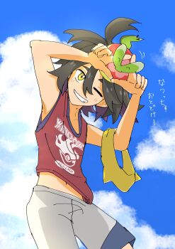 1boy absurdres ahoge apple applin arms_up black_hair clothes_lift cloud cloudy_sky colored_inner_hair commentary_request food fruit gen_8_pokemon grin hairband hands_up highres kieran_(pokemon) looking_at_viewer male_focus midriff_peek mole mole_on_neck multicolored_hair navel nintendo on_head one_eye_closed outdoors pokemon pokemon_(creature) pokemon_on_head pokemon_sv purple_hair raina1147 red_tank_top shirt_lift shorts sky smile solo tank_top teeth translation_request triangle_hands two-tone_hair unworn_hairband white_shorts worm yellow_eyes yellow_hairband
