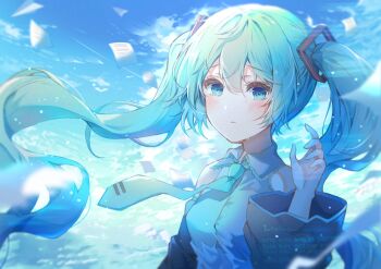 Rule 34 | 1girl, aqua eyes, aqua hair, aqua necktie, aqua trim, black sleeves, blush, breasts, collared shirt, commentary request, detached sleeves, hair between eyes, hair ornament, hatsune miku, highres, long hair, long sleeves, looking at viewer, namamake, necktie, shirt, sleeveless, sleeveless shirt, small breasts, solo, tie clip, twintails, upper body, very long hair, vocaloid, wide sleeves