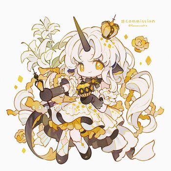 1girl animal_ears bare_shoulders black_bow black_bowtie black_gloves bow bowtie brown_shoes chibi chibi_only closed_mouth commission crown dress flower full_body gloves highres horns kanae_(cookie) long_hair looking_at_viewer original parted_bangs sheep_ears sheep_girl shoes short_sleeves simple_background single_horn smile socks solo twitter_username white_background white_dress white_hair white_socks yellow_eyes yellow_flower