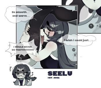 1girl absurdres animal_ears blush chibi chibi_inset colored_skin cuddling english_text furry grey_hair grey_skin highres licking nail_polish ny_000a one-piece_swimsuit original seal_(animal) short_hair signature swimsuit tail