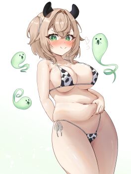 Rule 34 | 1girl, 3others, alternate costume, animal ears, animal print, baku ears, bikini, blush, breasts, brown hair, cleavage, closed mouth, commentary, cow print, cow print bikini, cropped legs, crossed bangs, english commentary, grabbing own stomach, green eyes, hair between eyes, hair intakes, highres, indie virtual youtuber, large breasts, looking at viewer, medium hair, multiple others, naplings (nimi nightmare), nimi nightmare, plump, print bikini, pyrokuro, simple background, smile, standing, swimsuit, virtual youtuber, white background