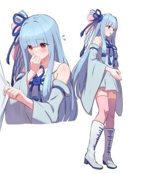 Rule 34 | 1girl, 1other, absurdres, blue dress, blue hair, blush, boots, commentary request, detached sleeves, dress, highres, knee boots, kotonoha aoi, long hair, red eyes, ruttse, shirt tug, short dress, shy, solo focus, thighhighs, voiceroid, zettai ryouiki