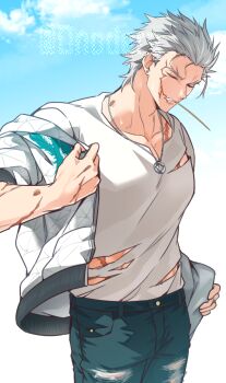 0nodera 1boy blue_pants cloud collarbone commentary_request denim fate/grand_order fate_(series) forked_eyebrows grey_hair jacket jeans jewelry male_focus mouth_hold nagakura_shinpachi_(fate) necklace notched_ear outdoors pants scar scar_on_chest scar_on_face scar_on_stomach shirt short_hair solo stalk_in_mouth torn_clothes torn_jeans torn_pants white_shirt