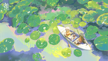 2girls black_hair boat fishing_rod from_above highres lily_pad long_hair ming_qi_bibi multiple_girls orange_shirt original scenery shirt short_hair watercraft white_hair wide_shot yellow_shirt