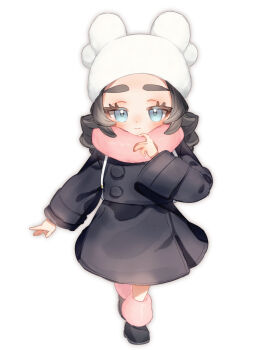 1girl absurdres ansha_(pokemon) black_coat black_hair blue_eyes blush closed_mouth coat full_body godouyu_(neisukun) hat highres leg_warmers long_hair long_sleeves looking_at_viewer nintendo pink_leg_warmers pink_scarf pokemon pokemon_legends:_z-a scarf simple_background smile solo white_background white_bag white_hat winter_clothes winter_coat