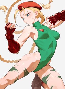 1girl absurdres anomarasu beret blonde_hair blue_eyes bodypaint boots braid breasts brown_boots cammy_white clenched_hand commentary covered_navel facial_scar fighting_stance fingerless_gloves floating_hair gloves green_leotard hat highleg highleg_leotard highres leotard long_hair looking_to_the_side low_twin_braids medium_breasts open_hand parted_lips red_gloves red_hat scar scar_on_cheek scar_on_face simple_background solo street_fighter symbol-only_commentary twin_braids very_long_hair white_background