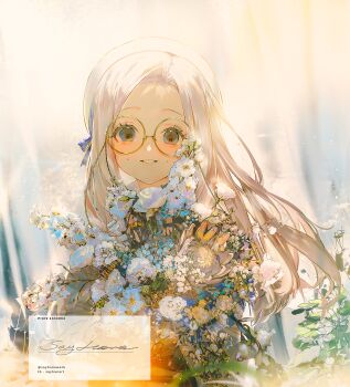 1girl artist_name blue_eyes commentary flower grass hat highres holding holding_flower long_hair looking_at_viewer mole mole_under_each_eye mole_under_eye multiple_moles open_mouth original plant round_eyewear say_hana solo symbol-only_commentary white_hair