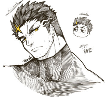 Rule 34 | 1boy, bara, chibi, chibi inset, cropped shoulders, facial hair, head tilt, highres, male focus, mature male, muscular, muscular male, portrait, pout, short hair, sideburns, solo focus, spot color, stubble, tokyo houkago summoners, touoh, yellow eyes, zabaniyya (housamo)