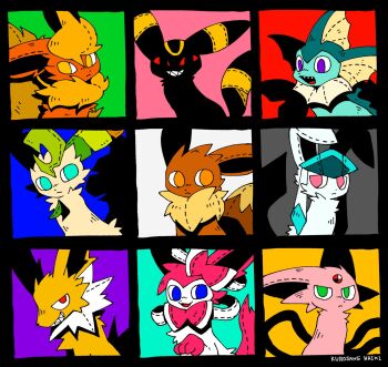 animal animal_focus black_fur blue_fur brown_fur closed_mouth eevee eevee_ears eevee_tail espeon evil_smile flareon fluffy gen_1_pokemon gen_2_pokemon gen_4_pokemon gen_6_pokemon glaceon green_fur highres jolteon kurosame_haiki leafeon long_tail nintendo no_humans open_mouth pink_fur pokemon pokemon_(creature) red_fur smile sylveon tail umbreon vaporeon white_fur yellow_fur