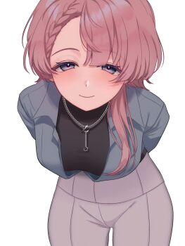 1girl arimura_mao black_sweater blue_jacket braid braided_bangs breasts chain chain_necklace commentary_request gakuen_idolmaster grey_pants highres idolmaster jacket jewelry leaning_forward long_hair looking_at_viewer medium_breasts necklace open_clothes open_jacket pants pink_hair simple_background solo speech_bubble sweater tkitt25 translation_request variant_set white_background