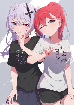 2girls absurdres akashi_(4kc_27) black_choker black_shirt black_shorts blue_eyes blue_skirt braid breasts choker clothes_writing cross cross-shaped_pupils crossed_arms earrings grey_hair gyaru gyaru_v hair_between_eyes hair_ornament heterochromia highres inverted_cross jewelry kogal konkon_aria large_breasts locked_arms long_hair looking_at_viewer medium_breasts multiple_girls neo-porte one_eye_closed parted_lips pink_eyes pleated_skirt ponytail print_shirt purple_eyes red_hair shirt short_hair short_shorts shorts sidelocks simple_background skirt smile symbol-shaped_pupils teeth tented_shirt tentei_forte triangle_earrings twintails v v_over_mouth virtual_youtuber white_shirt