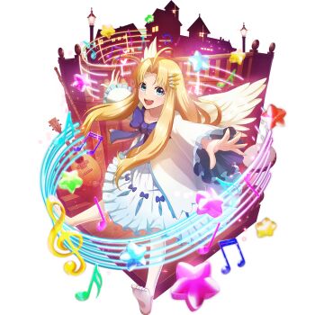 1girl :d ahoge artist_request barefoot beamed_sixteenth_notes bird_girl bird_wings blonde_hair blue_bow blue_dress blue_eyes bow chest_bow child city curtained_hair dress eighth_note eyelashes feathered_wings filo_(tate_no_yuusha_no_nariagari) forehead frilled_dress frilled_sleeves frills full_body game_cg lantern long_hair long_sleeves looking_at_viewer medium_dress musical_note musical_staff official_art open_mouth outstretched_arms quarter_note simple_background sixteenth_note smile solo spread_arms star_(symbol) straight_hair tate_no_yuusha_no_nariagari tate_no_yuusha_no_nariagari_rerise teeth tongue transparent_background two-tone_dress upper_teeth_only white_dress white_wings wing_hairpin wings