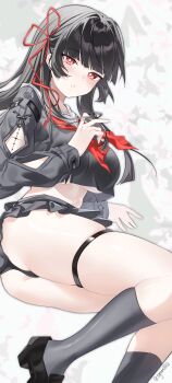 1girl 762807438 absurdres alternate_breast_size_(larger) arm_cutout ass black_hair black_panties black_shoes black_skirt black_socks blush breasts bright_pupils chisa_(wuthering_waves) clothing_cutout commentary hair_ribbon highres large_breasts long_hair long_sleeves looking_at_viewer miniskirt mole mole_under_eye neckerchief panties parted_lips red_eyes red_neckerchief red_ribbon ribbon sailor_collar shoes skirt socks solo tacet_mark_(wuthering_waves) thigh_strap thighs twitter_username underwear white_pupils white_sailor_collar wuthering_waves