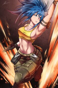 1girl blue_eyes blue_hair boots breasts curvy earrings eunnieverse female_focus gloves hand_up huge_breasts jewelry large_breasts leather leg_up leona_heidern long_hair military pale_skin pants ponytail shirt tank_top the_king_of_fighters thick_thighs thighs tight_clothes tight_shirt wide_hips