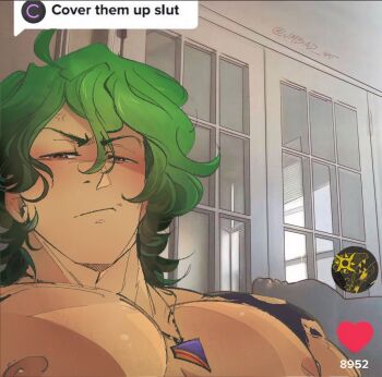 1boy abs bara blush cover_them_up_slut_(meme) dark-skinned_male dark_skin dialogue_box frown green_hair highres indoors jmbad joe_(sk8) large_pectorals looking_at_viewer male_focus medium_hair meme muscular muscular_male navel nipples nude pectoral_focus pectorals shoulder_tattoo sk8_the_infinity solo stomach tattoo tiktok upper_body