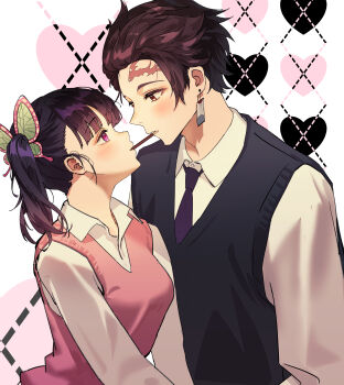 1boy 1girl absurdres alternate_costume black_necktie black_sweater_vest blush breasts brown_eyes butterfly_hair_ornament collared_shirt earrings eye_contact food hair_ornament heart hetero highres jewelry kamado_tanjirou kian kimetsu_no_yaiba large_breasts long_hair long_sleeves looking_at_another necktie pink_sweater_vest pocky pocky_kiss scar scar_on_face scar_on_forehead shared_food shirt short_hair sweater_vest tsuyuri_kanao upper_body white_background white_shirt