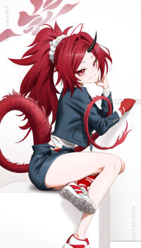1girl absurdres alternate_costume black_horns black_panties blue_archive bucho_sama dragon_girl dragon_horn dragon_tail eyeshadow grey_jacket grey_skirt halo highres horns jacket long_hair long_sleeves makeup miniskirt panties panty_peek ponytail red_eyes red_eyeshadow red_hair red_halo red_tail renge_(blue_archive) school_uniform shirt shoes single_horn sitting skirt smile sneakers solo tail underwear very_long_hair white_shirt