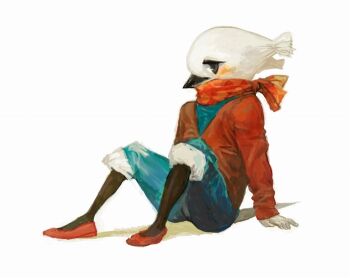 1girl bird_girl black_eyes commentary_request feathers full_body furry furry_female knees_up looking_at_viewer nagabe original red_sweater simple_background sitting solo sweater white_background white_feathers