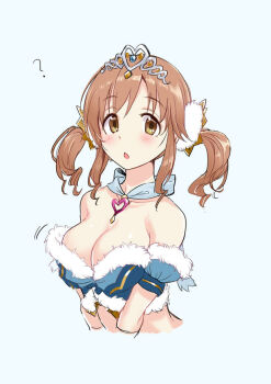 1girl ? bad_id bare_shoulders blush breasts brown_eyes brown_hair cleavage commentary crop_top cropped_torso fur_trim granblue_fantasy idolmaster idolmaster_cinderella_girls large_breasts looking_at_viewer parted_lips sidelocks simple_background solo tanaka_(colorcorn) tiara totoki_airi twintails upper_body