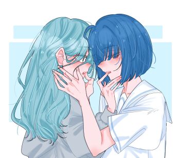 2girls blue_eyes blue_hair blush commentary_request finger_in_another&#039;s_mouth hand_on_another&#039;s_neck highres hinomori_shizuku kiritani_haruka long_hair multiple_girls na05070515 open_mouth project_sekai sailor_collar shirt short_hair upper_body white_sailor_collar white_shirt yuri