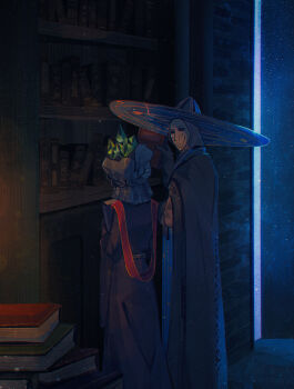 Rule 34 | 1boy, 1girl, 2022, absurdres, book, book stack, elden ring, fromsoftware, full body, hat, hetero, highres, looking at another, mask, mature female, mature male, preceptor seluvis, qur0704, raya lucaria academy, robe, shelf, sorceress sellen