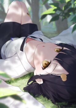 1girl absurdres black_hair black_necktie black_shorts blue_archive blurry blurry_foreground branch collared_shirt commentary hair_ornament hairclip highres knees_up kuchisode long_sleeves looking_at_viewer lying necktie on_back on_ground parted_lips shirt short_hair shorts solo tsubasa_(blue_archive) white_shirt
