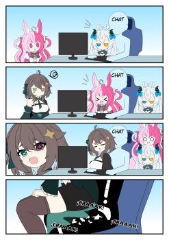 1other 3girls 4koma absurdres akugaki_koa animal_ears black_shorts black_shrug blue_background blue_eyes blue_shrug brown_thighhighs chibi child chromashift close-up closed_eyes comic demon_girl demon_horns detached_sleeves dress eyebrows from_side gradient_background green_sleeves heterochromia highres horns kimura_tao lalabell_lullaby long_hair looking_at_another looking_at_object looking_at_viewer lower_body meica_(vtuber) meica_(vtuber)_(1st_costume) multicolored_hair multicolored_shrug multiple_girls open_mouth pink_eyes pink_hair portrait rabbit_ears rabbit_girl sequential shorts shrug_(clothing) silent_comic simple_background sitting sitting_on_person split-color_hair thighhighs twintails two-tone_shrug virtual_youtuber white_dress yellow_eyes