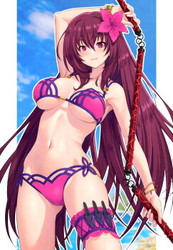 Rule 34 | 1girl, absurdres, bare shoulders, beach, bikini, blue sky, blush, bracelet, breasts, cleavage, collarbone, fate/grand order, fate (series), flower, frilled thigh strap, gae bolg (fate), hair between eyes, hair flower, hair ornament, hibiscus, highres, jewelry, kazuma muramasa, kunai, large breasts, long hair, looking at viewer, navel, pink bikini, purple hair, red eyes, scathach (fate), scathach (fate/grand order), scathach (swimsuit assassin) (fate), sky, smile, solo, swimsuit, thigh strap, thighs, three section staff, weapon