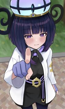 1girl black_dress black_hair blunt_bangs blush closed_mouth coat dress gloves gradient_hair gwynn_(pokemon) highres index_finger_raised long_sleeves looking_at_viewer multicolored_hair nintendo open_clothes open_coat partially_fingerless_gloves pokemon pokemon_legends:_z-a purple_eyes purple_hair short_hair slime_senpai solo white_coat