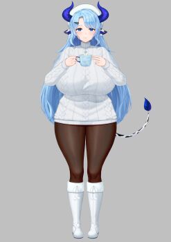 1girl absurdres animal_ears animal_print blue_eyes blue_hair blue_horns blue_pupils boots breasts bright_pupils closed_mouth cow_ears cow_girl cow_tail cream_cod cup earrings full_body grey_background hair_ornament hairclip hat highres holding holding_cup horns huge_breasts indie_virtual_youtuber jewelry long_hair long_sleeves miilkywayz mole mole_under_eye mole_under_mouth necklace official_art pantyhose parted_bangs pom_pom_(clothes) pom_pom_earrings second-party_source sidelocks simple_background solo standing star-shaped_pupils star_(symbol) straight-on sweater symbol-shaped_pupils tachi-e tail thick_thighs thighs turtleneck turtleneck_sweater virtual_youtuber white_boots white_hat white_sweater