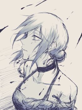 1girl apron breasts chainsaw_man choker commentary_request elbow_gloves gloves greyscale hair_bun highres madaosw medium_breasts medium_hair monochrome reze_(chainsaw_man) solo